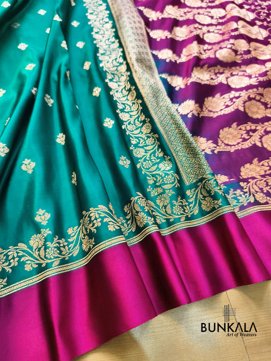Blue with Rani Contrast Buti Banarasi Mashru Silk Saree
