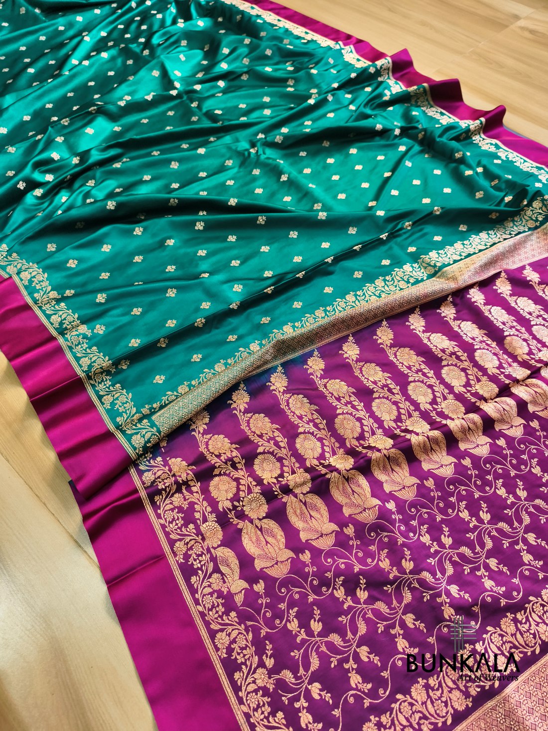 Blue with Rani Contrast Buti Banarasi Mashru Silk Saree