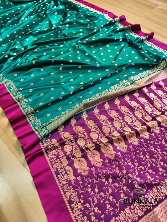 Blue with Rani Contrast Buti Banarasi Mashru Silk Saree