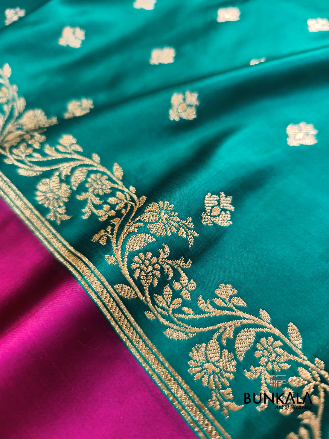 Blue with Rani Contrast Buti Banarasi Mashru Silk Saree