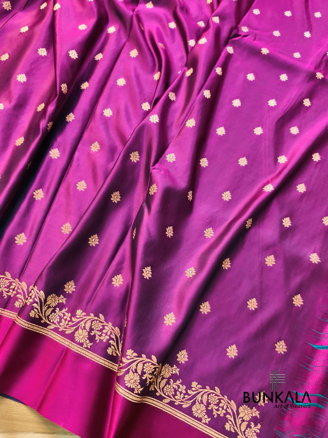 Blue with Rani Contrast Buti Banarasi Mashru Silk Saree