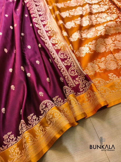 Burgundy with Mastard Contrast Buti Banarasi Mashru Silk Saree
