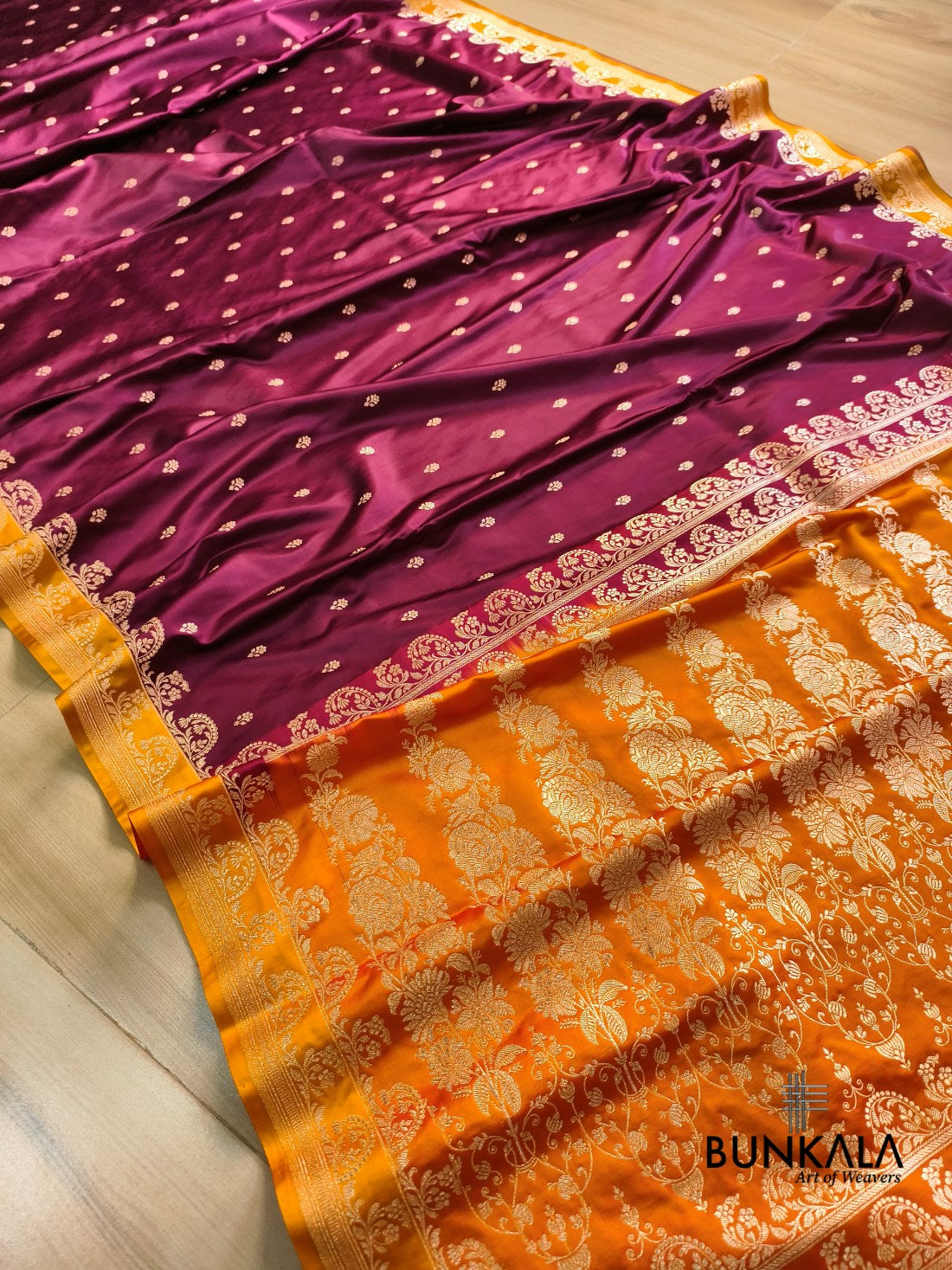 Burgundy with Mastard Contrast Buti Banarasi Mashru Silk Saree