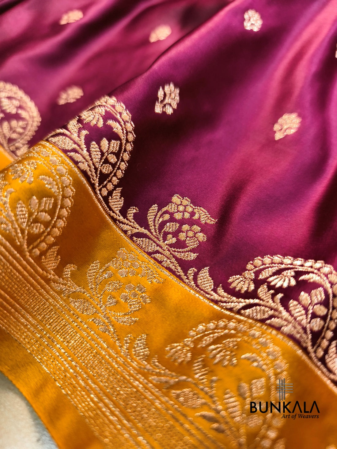 Burgundy with Mastard Contrast Buti Banarasi Mashru Silk Saree