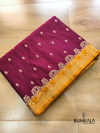 Burgundy with Mastard Contrast Buti Banarasi Mashru Silk Saree