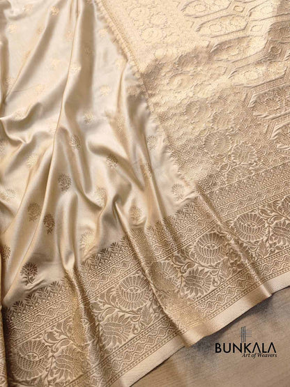 Beige Soft Mashru Silk Allover Small Buti Banarasi Saree with Floral Design Border