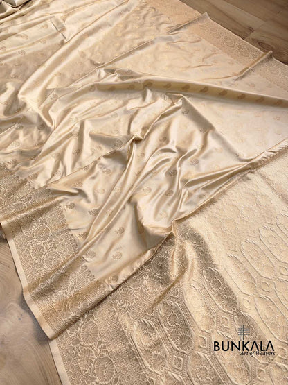 Beige Soft Mashru Silk Allover Small Buti Banarasi Saree with Floral Design Border