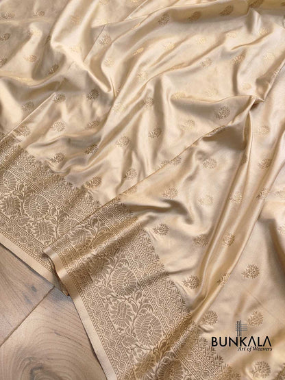 Beige Soft Mashru Silk Allover Small Buti Banarasi Saree with Floral Design Border