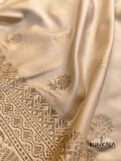 Beige Soft Mashru Silk Allover Small Buti Banarasi Saree with Floral Design Border