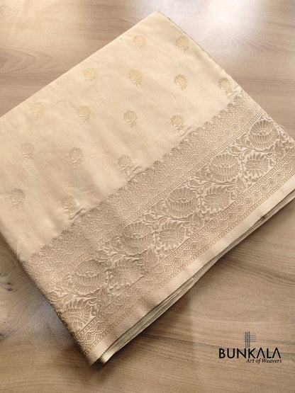 Beige Soft Mashru Silk Allover Small Buti Banarasi Saree with Floral Design Border