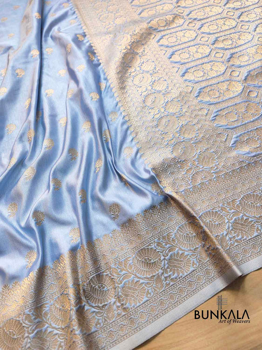 Sky Blue Soft Mashru Silk Allover Small Buti Banarasi Saree with Floral Design Border