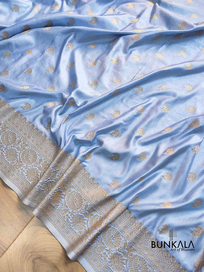 Sky Blue Soft Mashru Silk Allover Small Buti Banarasi Saree with Floral Design Border