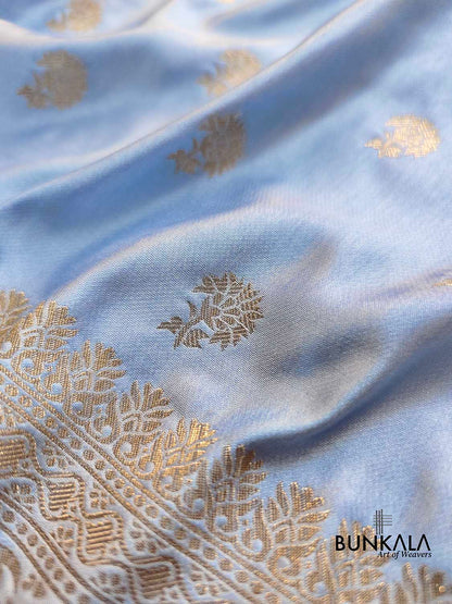 Sky Blue Soft Mashru Silk Allover Small Buti Banarasi Saree with Floral Design Border
