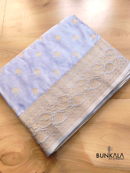 Sky Blue Soft Mashru Silk Allover Small Buti Banarasi Saree with Floral Design Border