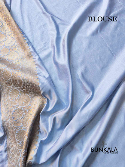 Sky Blue Soft Mashru Silk Allover Small Buti Banarasi Saree with Floral Design Border