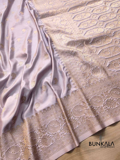 Pastel Grey Soft Mashru Silk Allover Small Buti Banarasi Saree with Floral Design Border