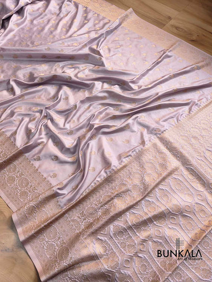 Pastel Grey Soft Mashru Silk Allover Small Buti Banarasi Saree with Floral Design Border