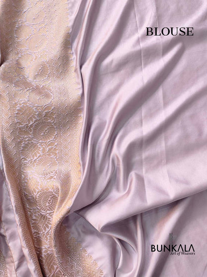 Pastel Grey Soft Mashru Silk Allover Small Buti Banarasi Saree with Floral Design Border