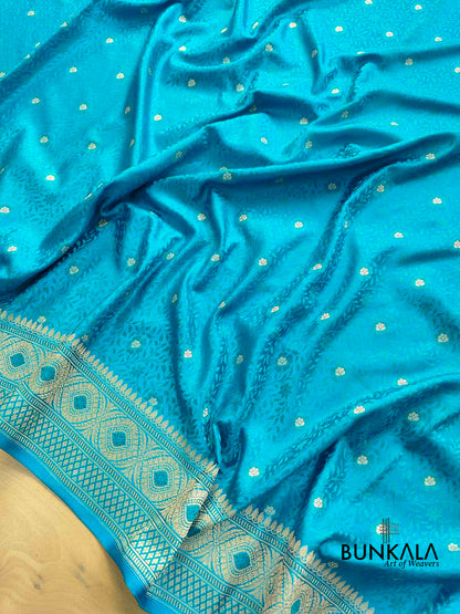 Peacock Blue Jamewar Weaved Soft Mashru Silk Floral Jaal Design Banarasi Saree