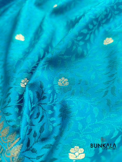 Peacock Blue Jamewar Weaved Soft Mashru Silk Floral Jaal Design Banarasi Saree