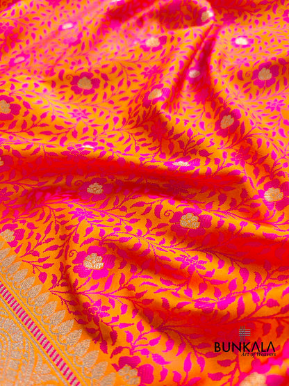 Two Tone Pink and Orange Jamewar Weaved Soft Mashru Silk Floral Jaal Design Banarasi Saree