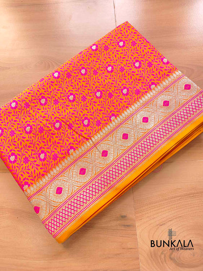 Two Tone Pink and Orange Jamewar Weaved Soft Mashru Silk Floral Jaal Design Banarasi Saree