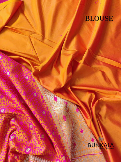 Two Tone Pink and Orange Jamewar Weaved Soft Mashru Silk Floral Jaal Design Banarasi Saree