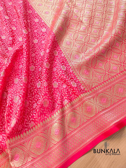 Pink Jamewar Weaved Soft Mashru Silk Floral Jaal Design Banarasi Saree