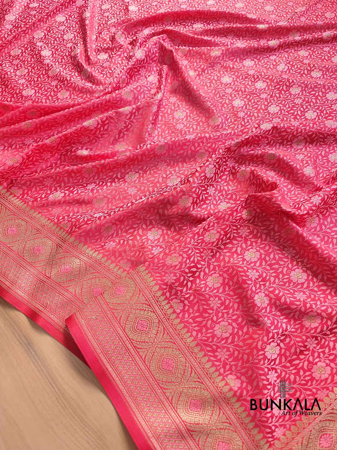 Pink Jamewar Weaved Soft Mashru Silk Floral Jaal Design Banarasi Saree