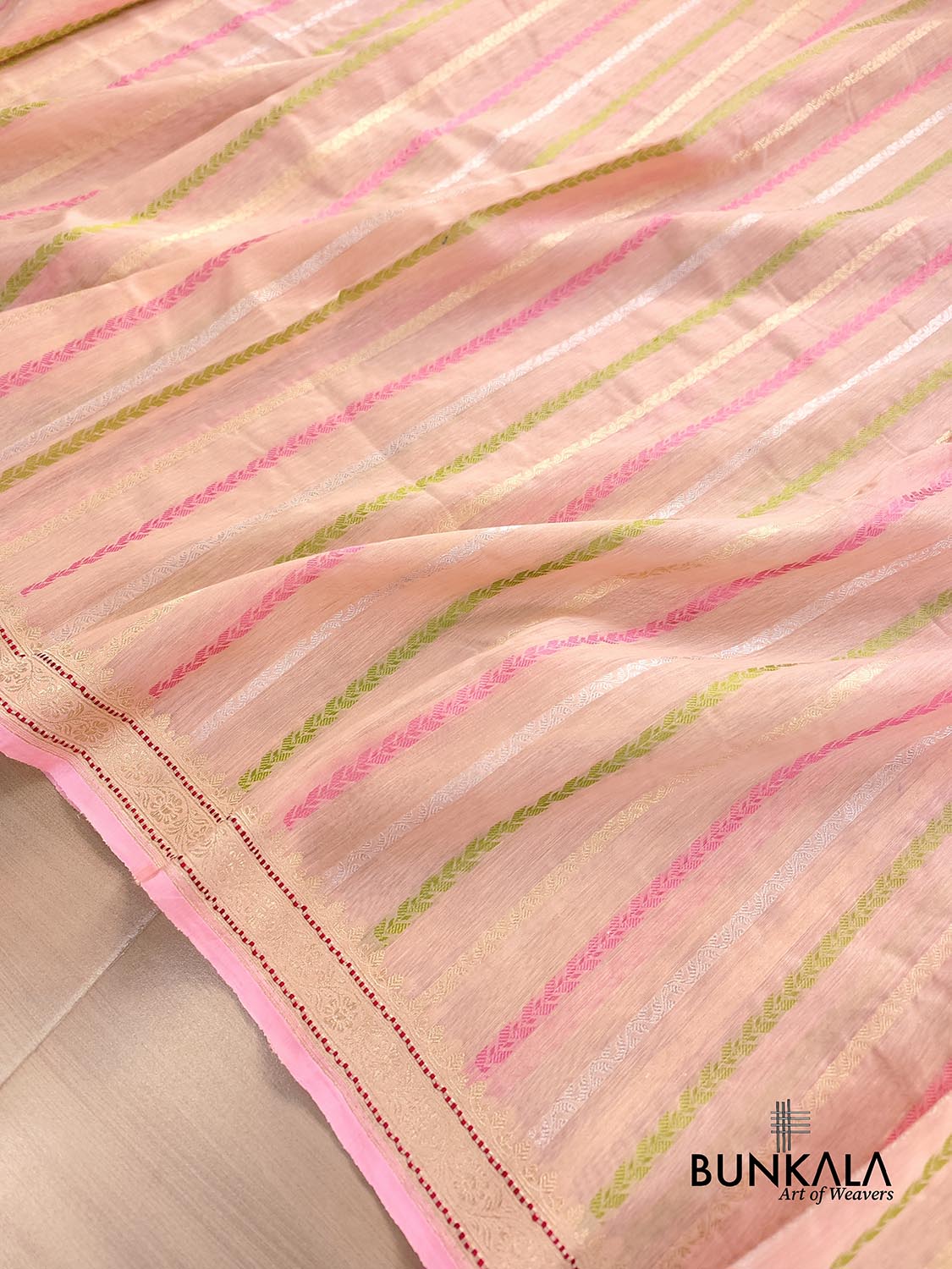 Peach Pink Kadwa Stripe Handweaved Banarasi Pure Linen Saree