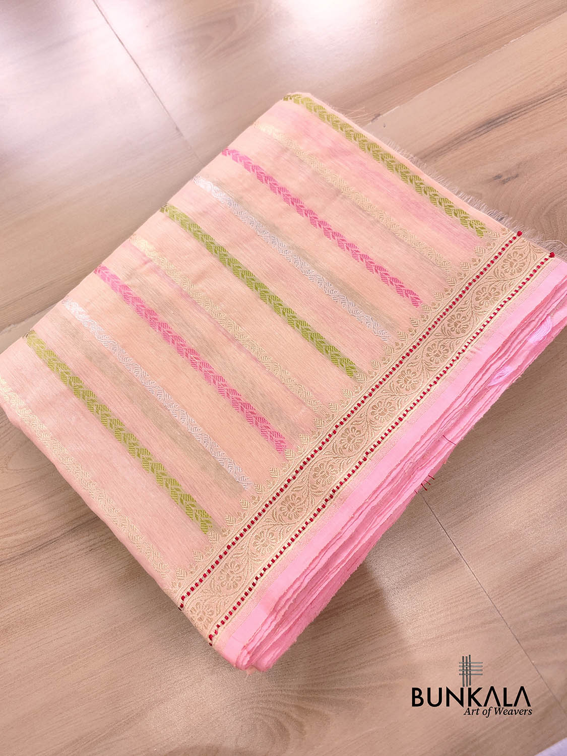 Peach Pink Kadwa Stripe Handweaved Banarasi Pure Linen Saree