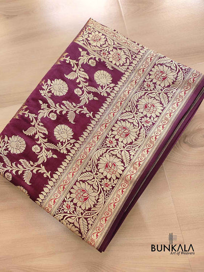 Maroon Floral Jaal Banarasi Mashru Silk Saree