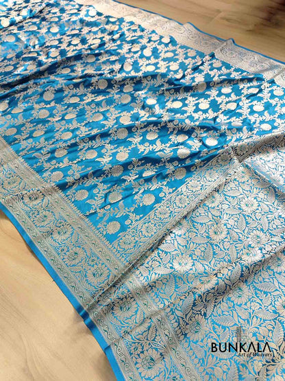 Blue Floral Jaal Banarasi Mashru Silk Saree