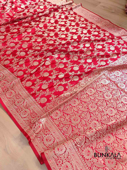 Brigt Red Floral Jaal Banarasi Mashru Silk Saree