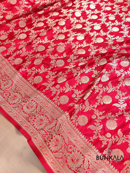 Brigt Red Floral Jaal Banarasi Mashru Silk Saree
