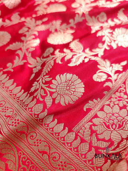 Brigt Red Floral Jaal Banarasi Mashru Silk Saree