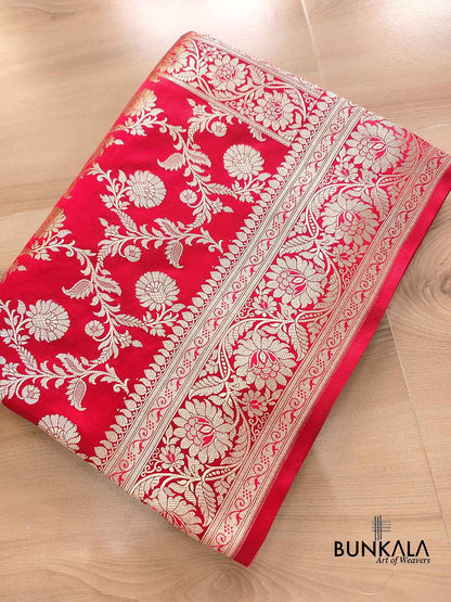 Brigt Red Floral Jaal Banarasi Mashru Silk Saree