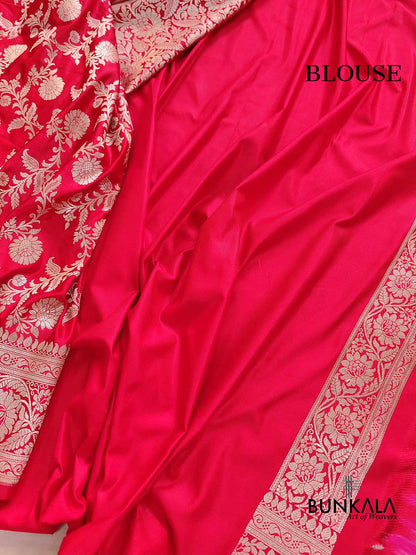 Brigt Red Floral Jaal Banarasi Mashru Silk Saree