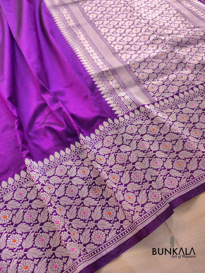 Purple Plain Handloom Banarasi Pure Katan Silk Saree with Big Meenakari Border