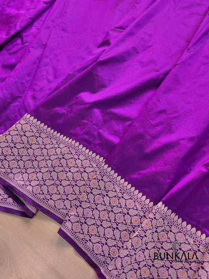 Purple Plain Handloom Banarasi Pure Katan Silk Saree with Big Meenakari Border