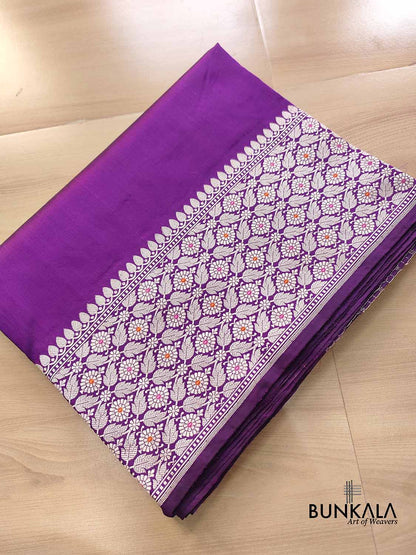 Purple Plain Handloom Banarasi Pure Katan Silk Saree with Big Meenakari Border