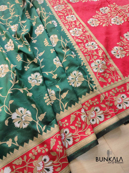 Bottle Green Sona Rupa Floral Jaal Handloom Banarasi Pure Katan Silk Saree with Red Contrast Border