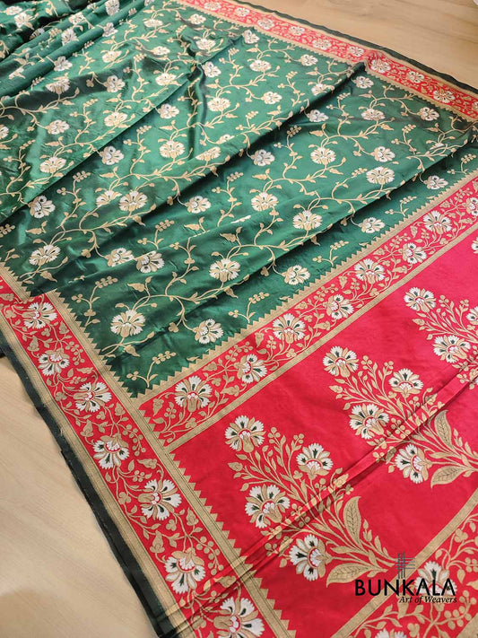 Bottle Green Sona Rupa Floral Jaal Handloom Banarasi Pure Katan Silk Saree with Red Contrast Border