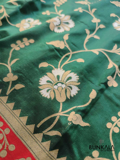 Bottle Green Sona Rupa Floral Jaal Handloom Banarasi Pure Katan Silk Saree with Red Contrast Border