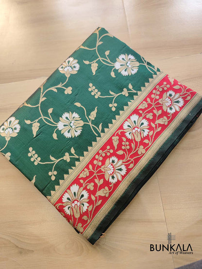 Bottle Green Sona Rupa Floral Jaal Handloom Banarasi Pure Katan Silk Saree with Red Contrast Border