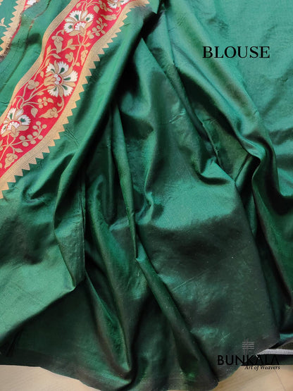 Bottle Green Sona Rupa Floral Jaal Handloom Banarasi Pure Katan Silk Saree with Red Contrast Border