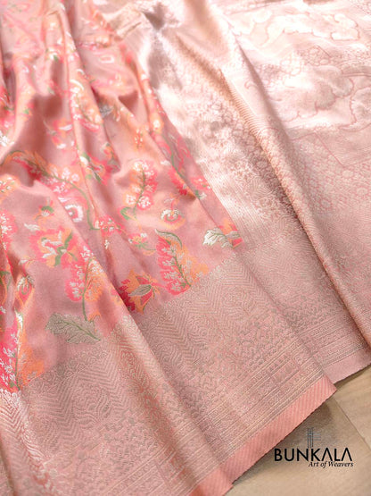 Peach Meenakari Floral Leaf Jaal Weaved Banarasi Tissue Silk Saree