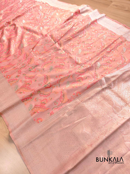 Peach Meenakari Floral Leaf Jaal Weaved Banarasi Tissue Silk Saree