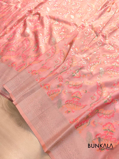 Peach Meenakari Floral Leaf Jaal Weaved Banarasi Tissue Silk Saree