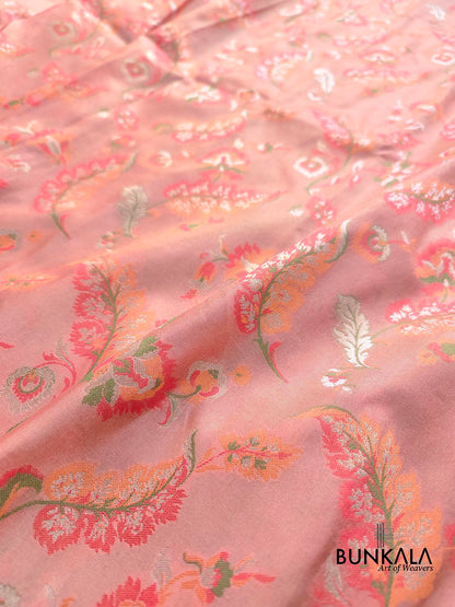 Peach Meenakari Floral Leaf Jaal Weaved Banarasi Tissue Silk Saree
